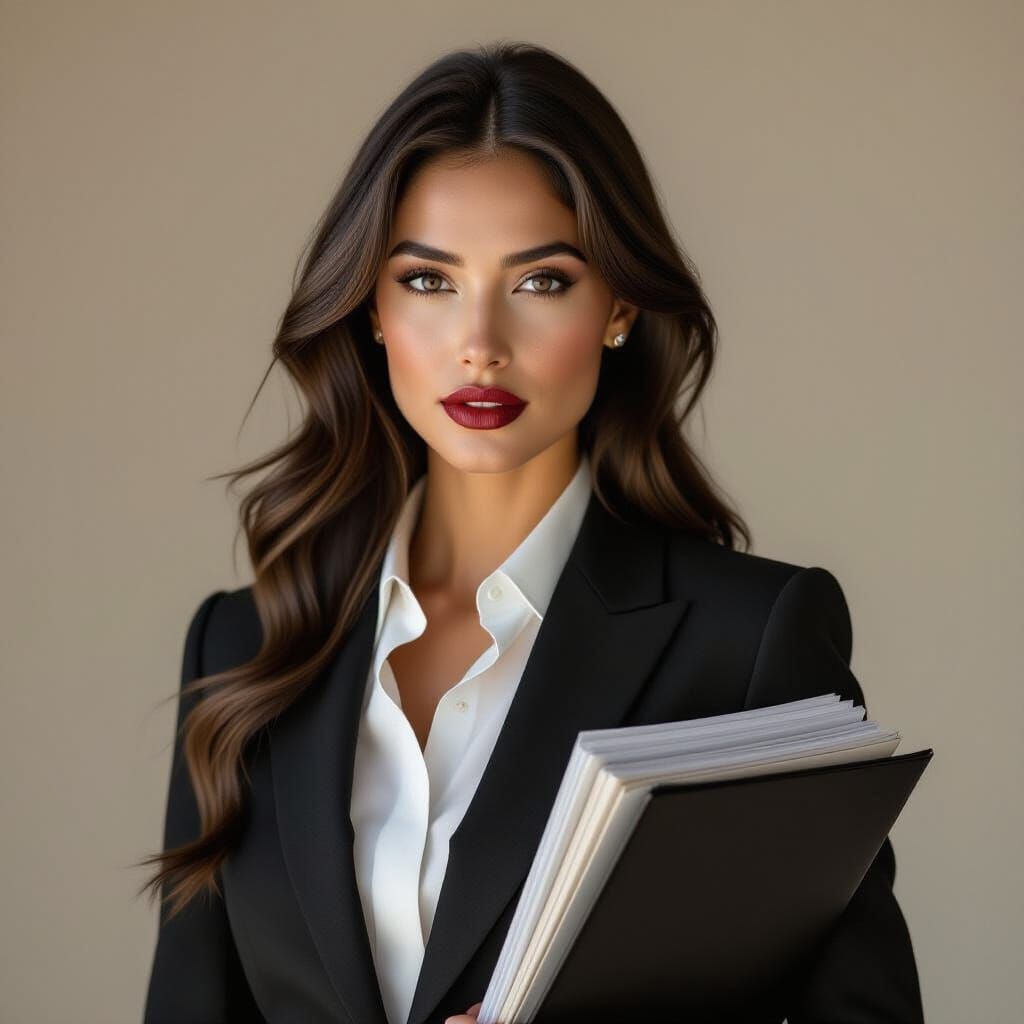 Professional Woman in Black Suit with Wet-Look Hair