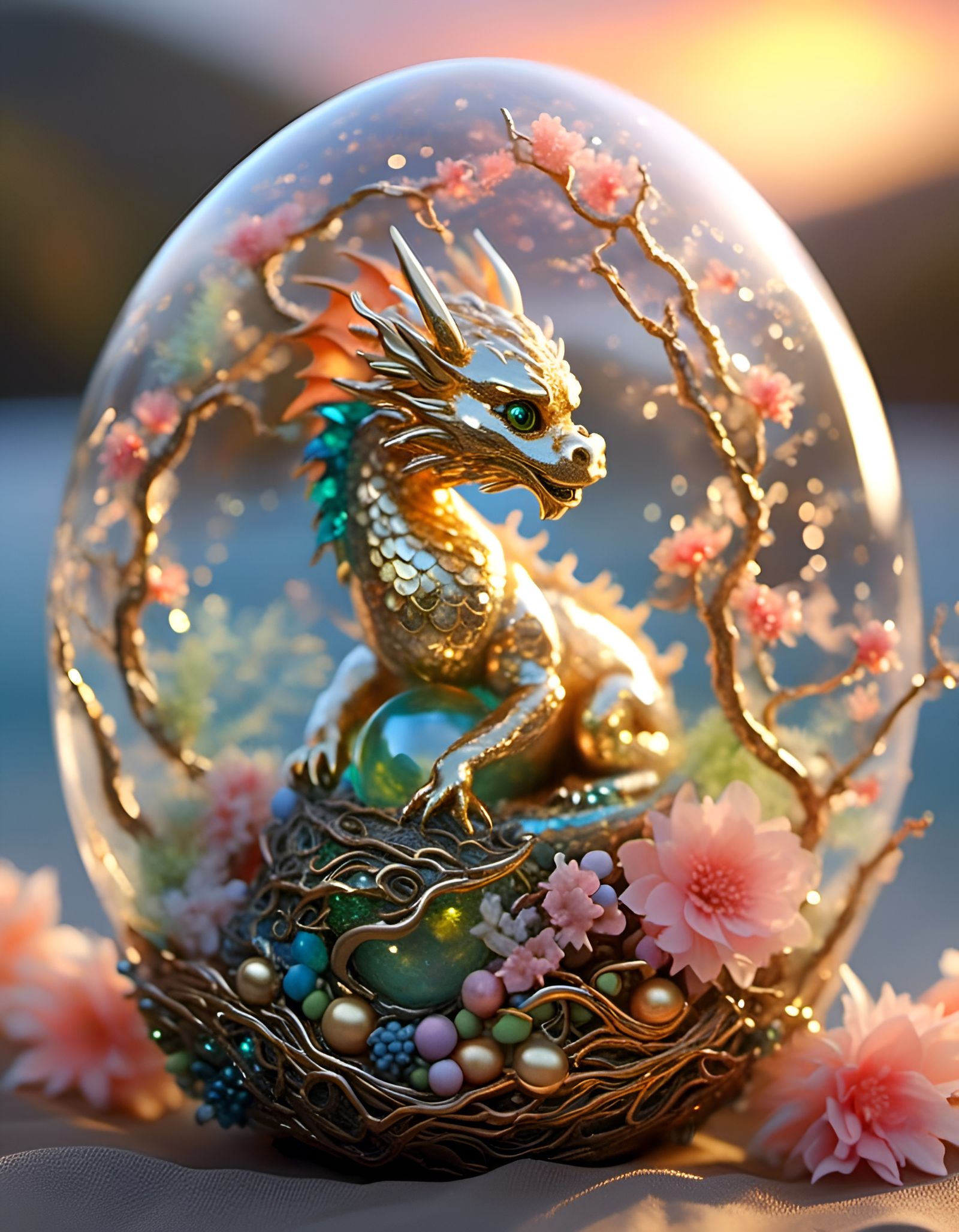 Adorable Baby Dragon in Glittering Egg on Beach