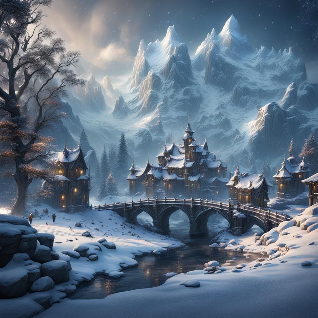 Detailed Snowy Landscape in Matte Painting Style