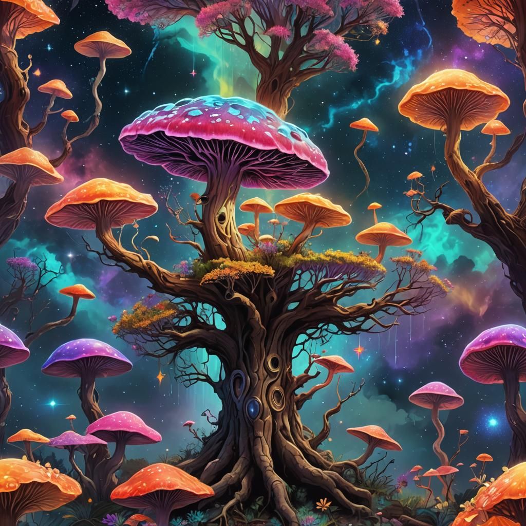 Eerie Alien Mushroom Tree with Bioluminescent Flowers