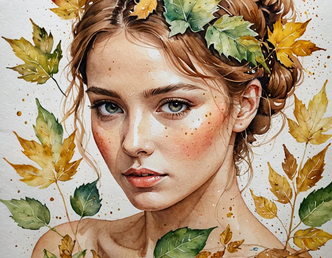 Watercolor Portrait of Woman with Gold Leaf Accents