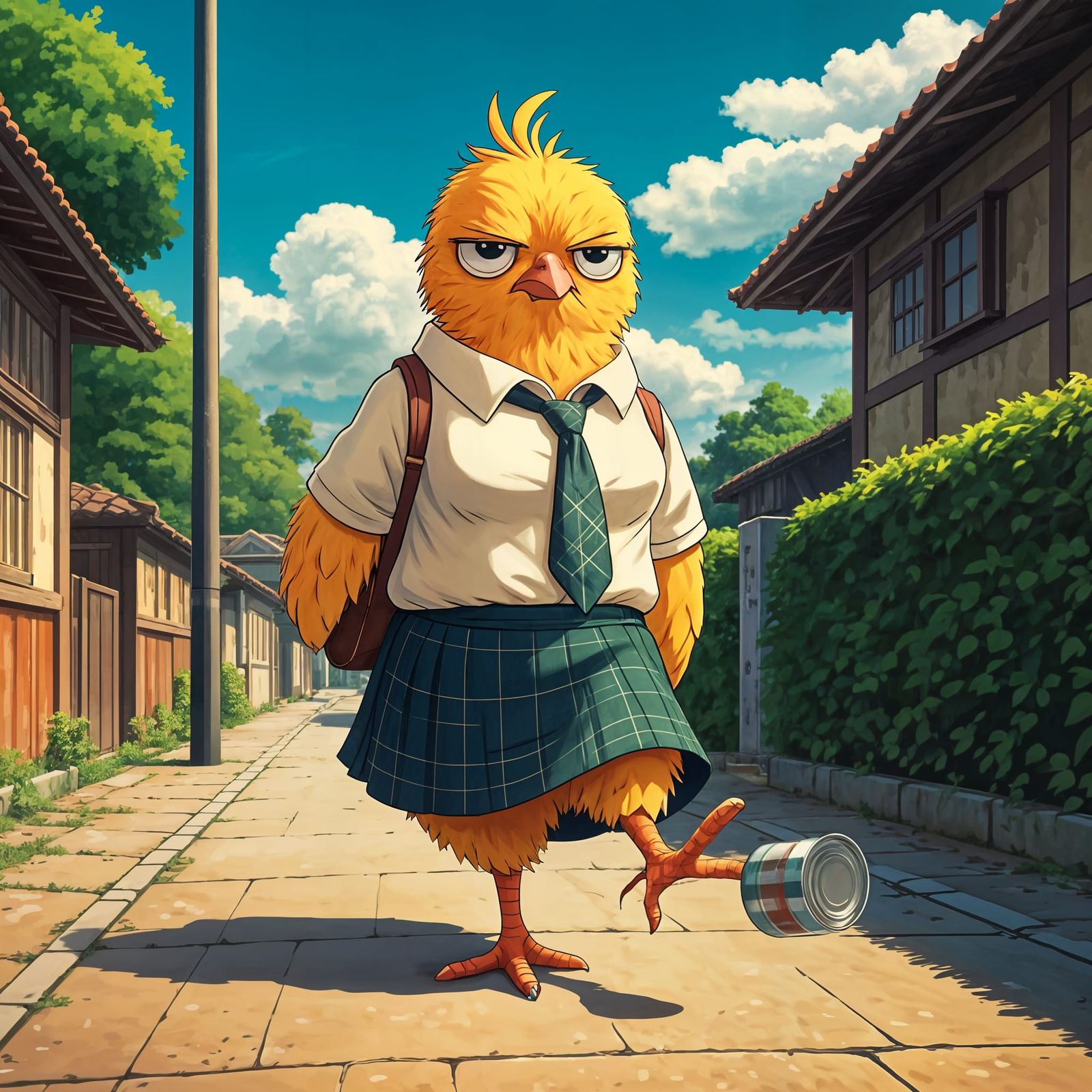 Anthropomorphic Chick Kicks Can in Manga Style