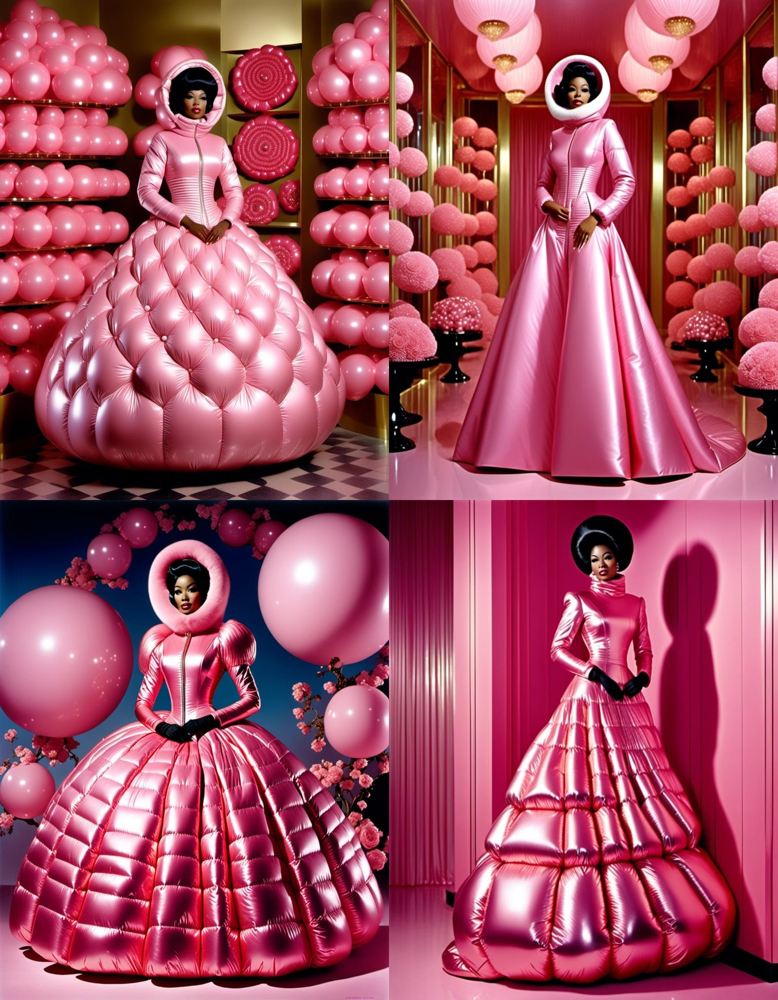 Woman in Rose Pink Latex Quilted Puffer Gown