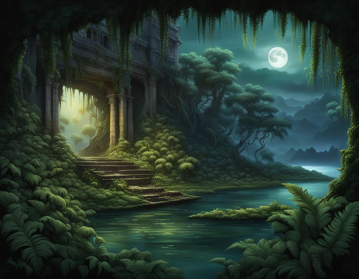 Jungle Ruins at Night: Photorealistic Fantasy Art