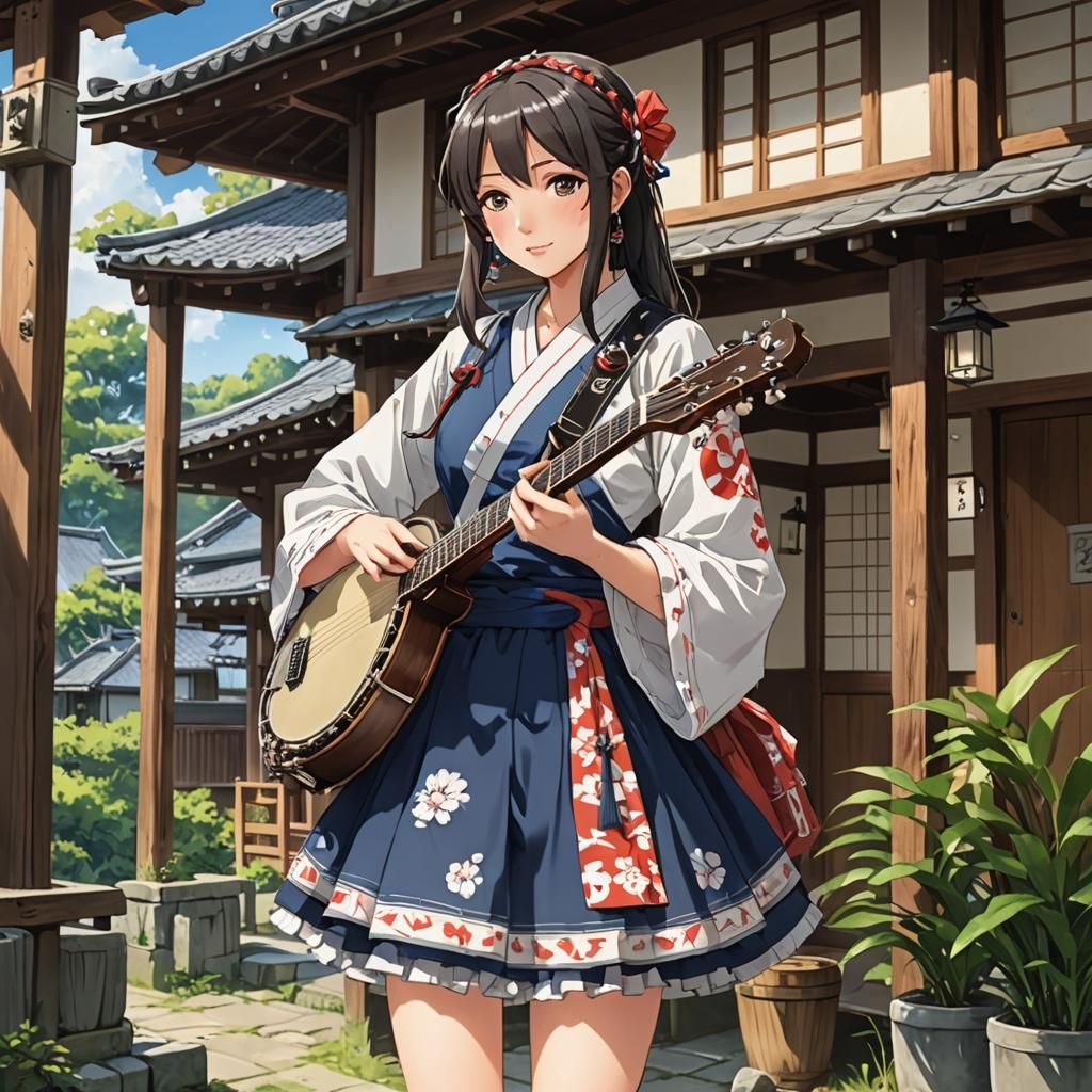 Anime Girl Plays Banjo in Traditional Japanese Setting