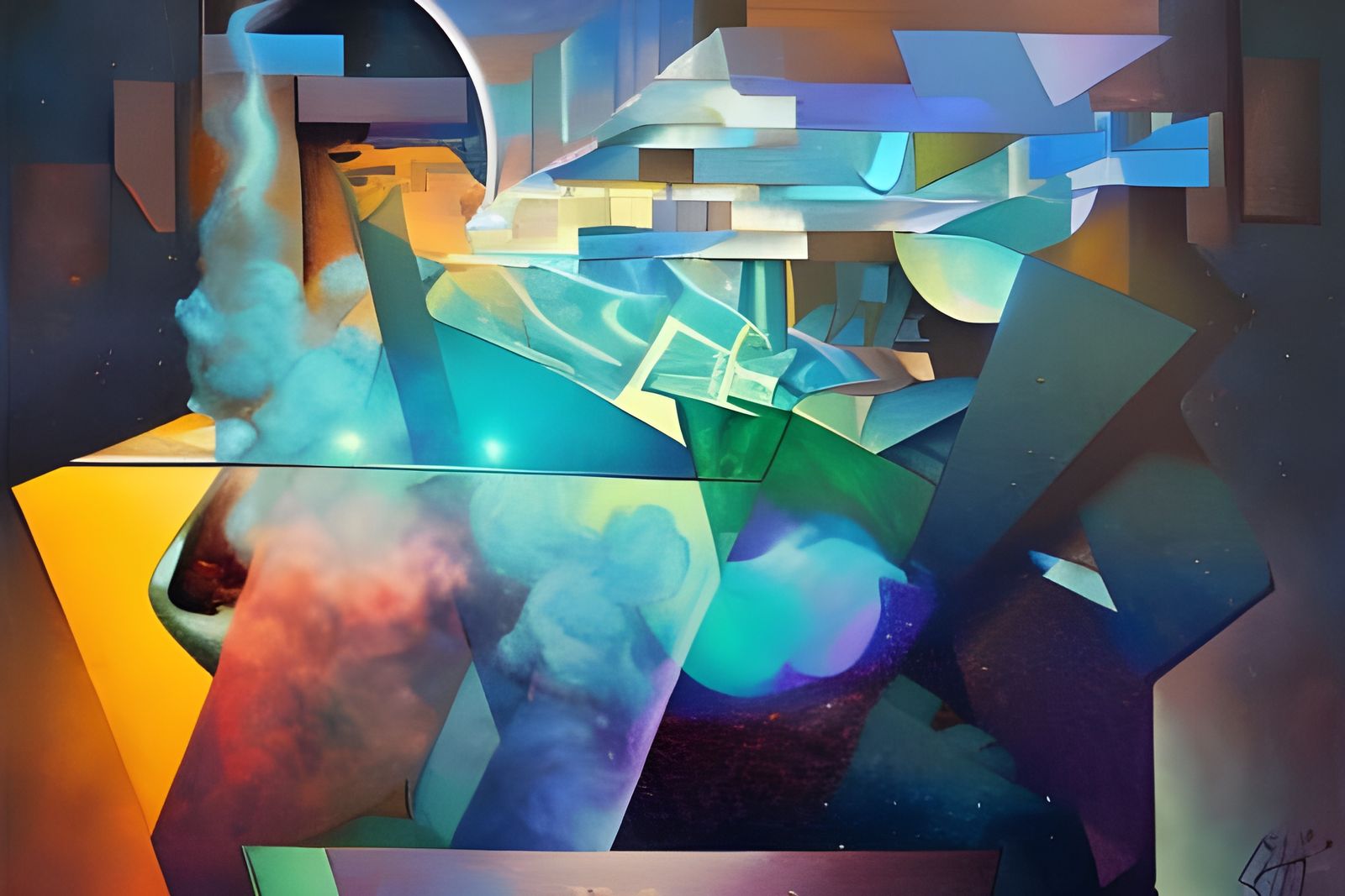 Cosmic Smoke: Holographic Astral Illustration in Mixed Media