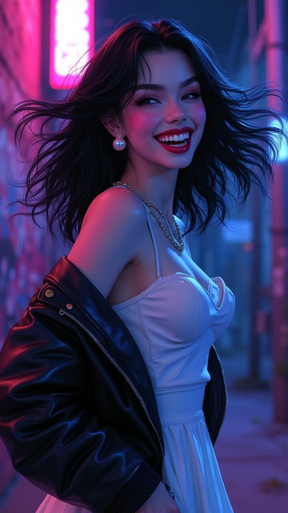 Vampire Girl Laughing in Neon Alley: Anime-Inspired Portrait