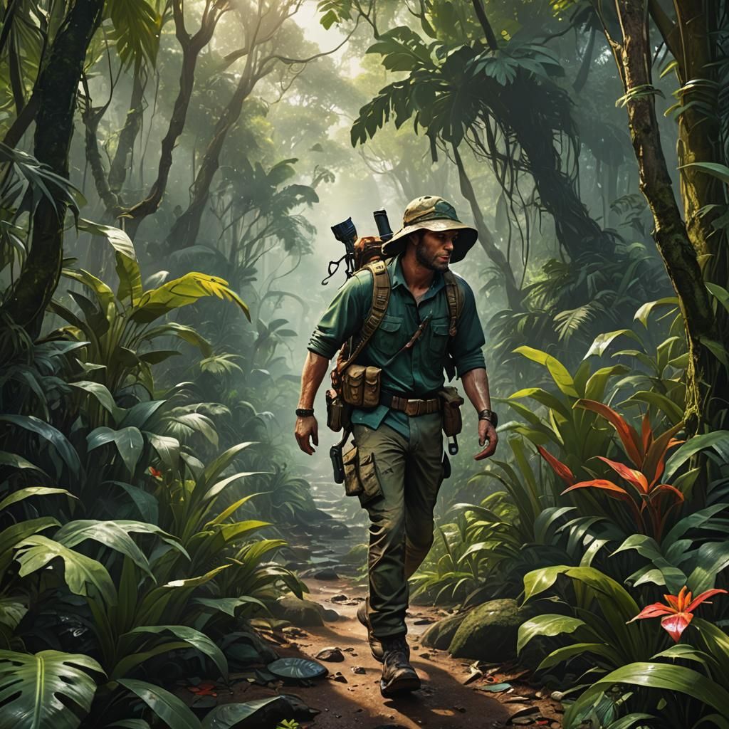 Hunter walking in the jungle