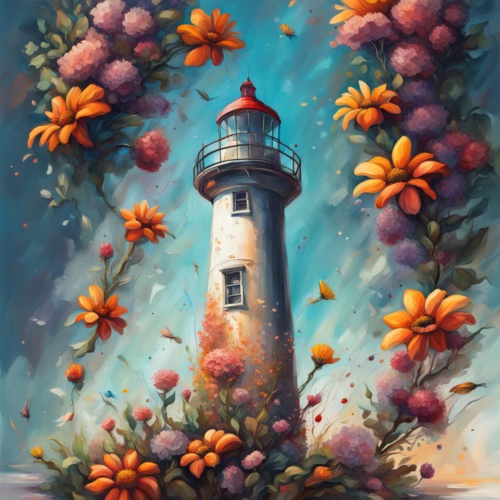 Urban Lighthouse with Flowers: Hyperrealistic Splash Art
