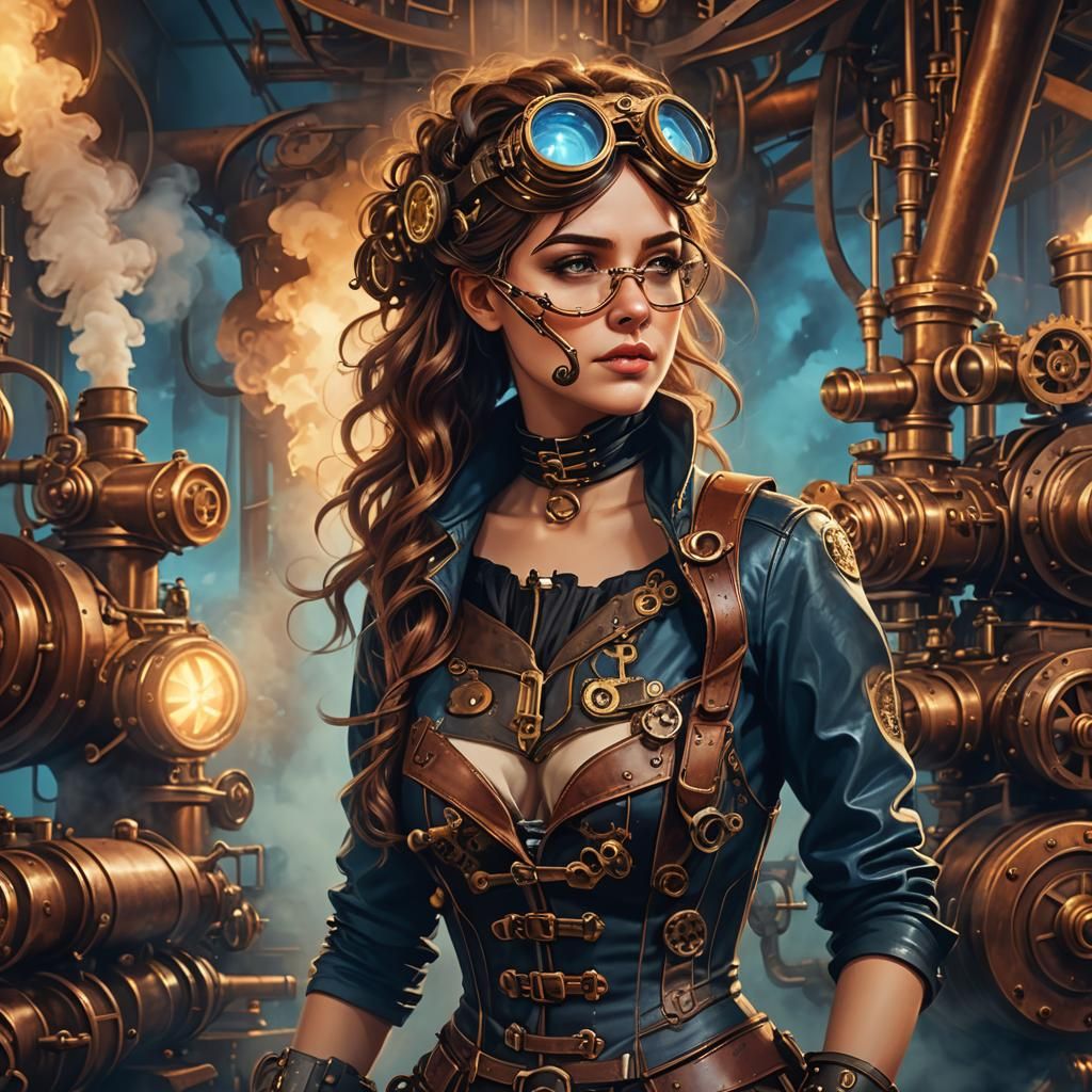 Steampunk Woman in Sci-Fi Setting: Digital Art