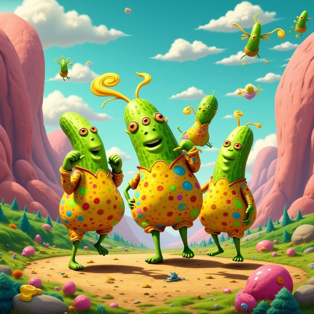 Cartoon Alien Pickles in Dreamlike Sci-Fi Style