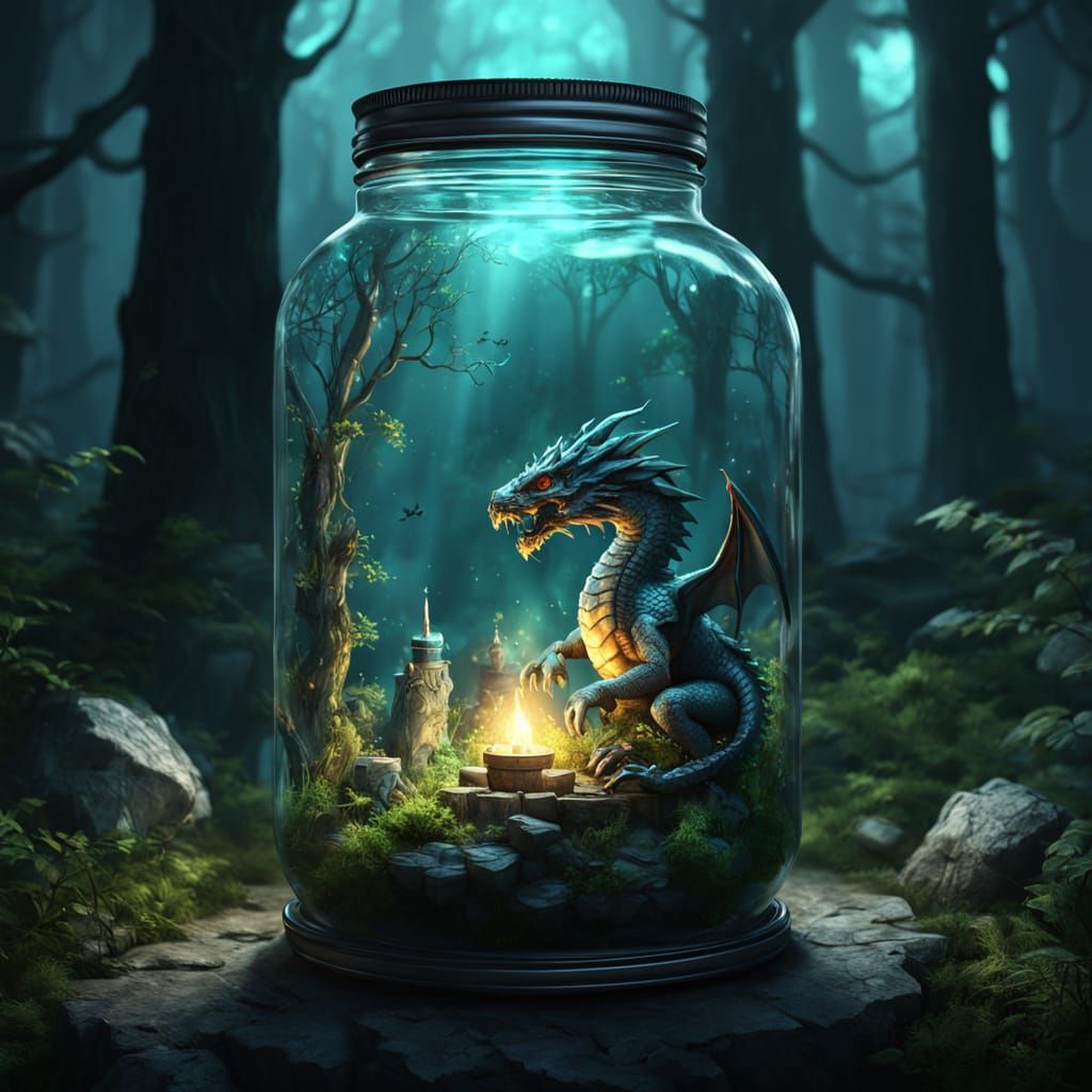 Fantasy World Inside Jam Jar with Dragons and Castle