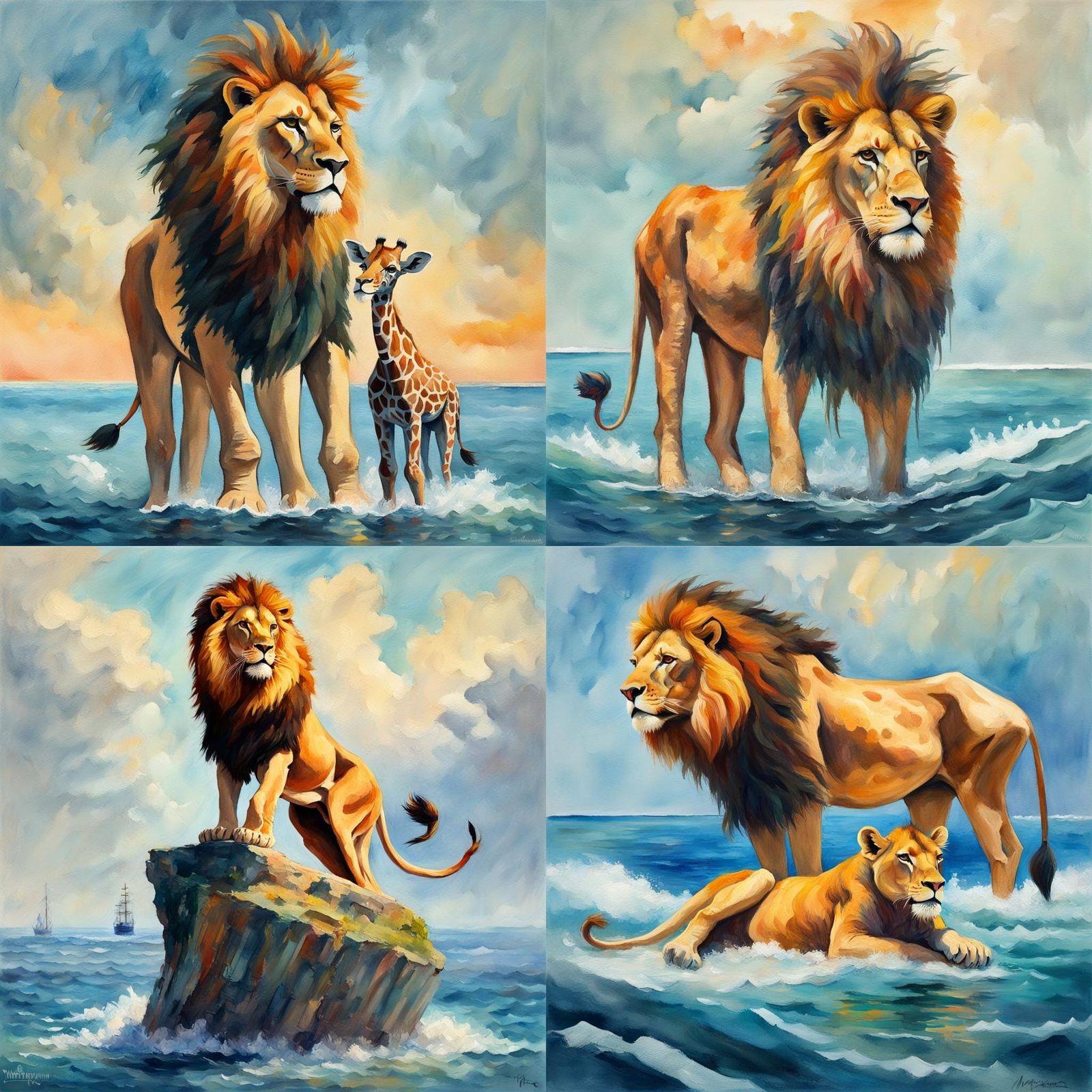 Lion and Giraffe Ride the Ocean: Gouache Impressionism