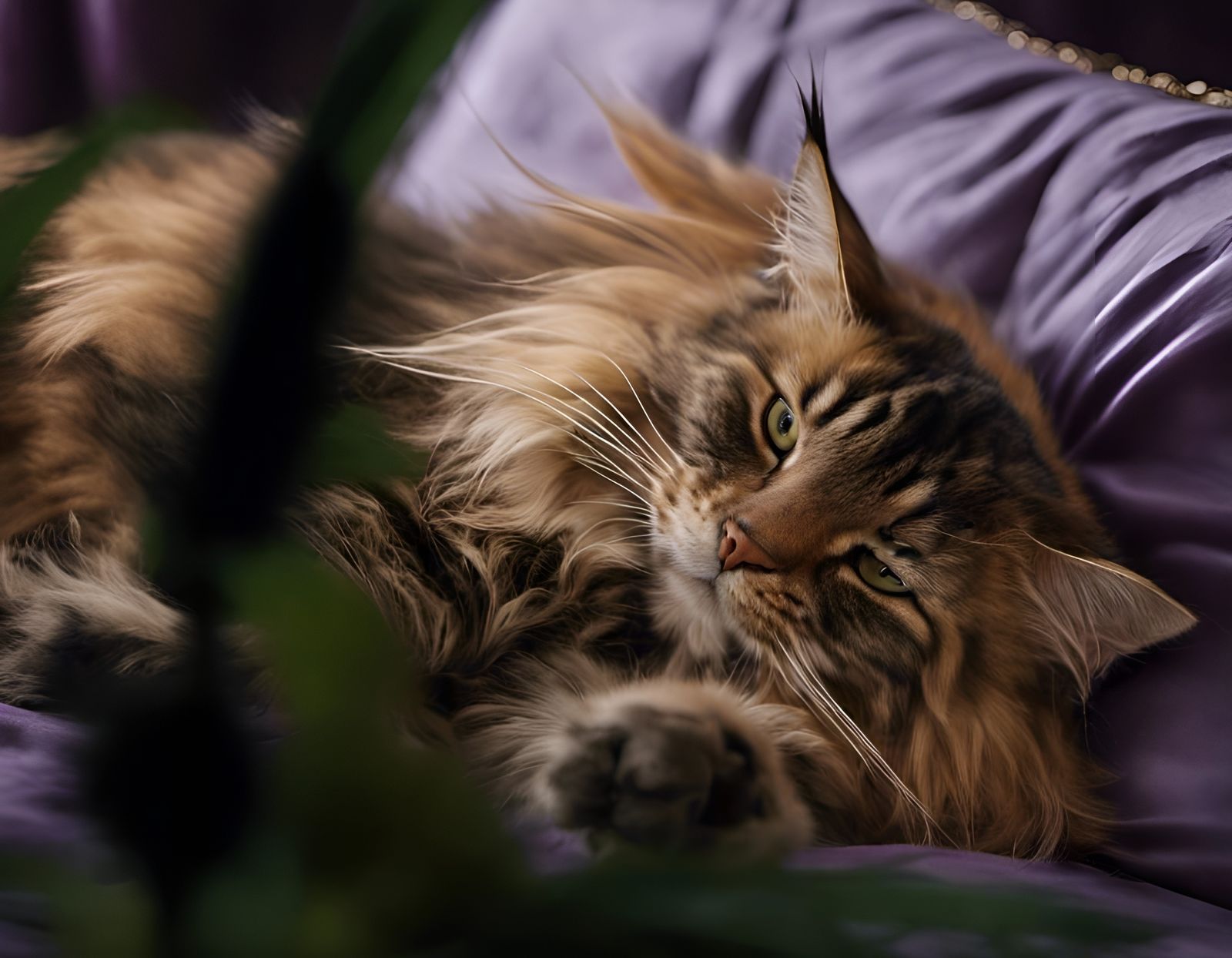 Brindle Maine Coon Cat on Purple Pillow
