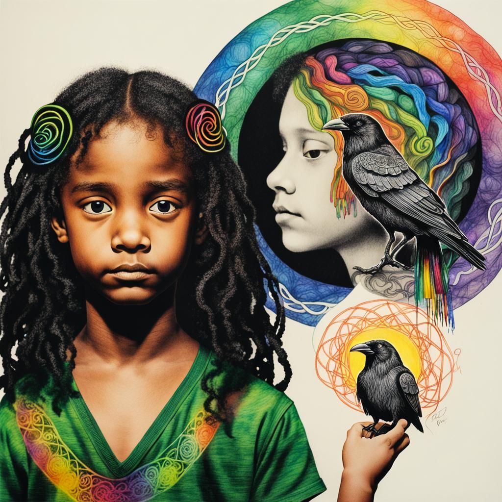 Celtic Knotwork Raven with Rainbow Fairy, Crayon Drawing