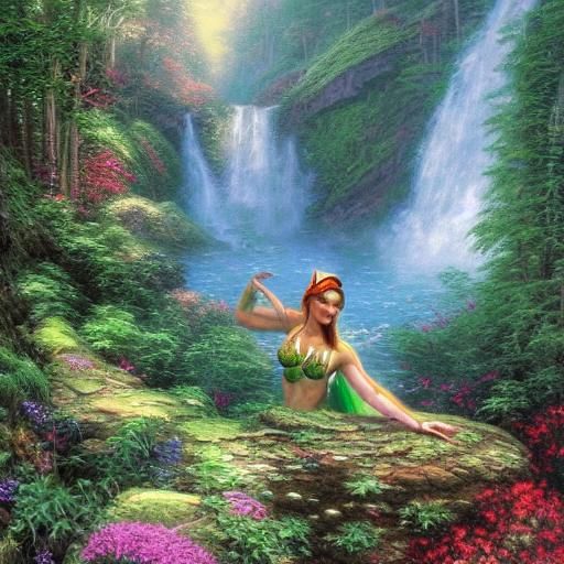 an elf in a green bikini made of leaves stands under a mount...