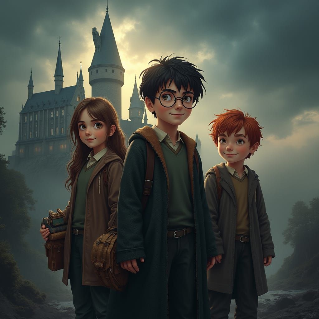 Hogwarts Castle with Young Wizards in Ethereal Style