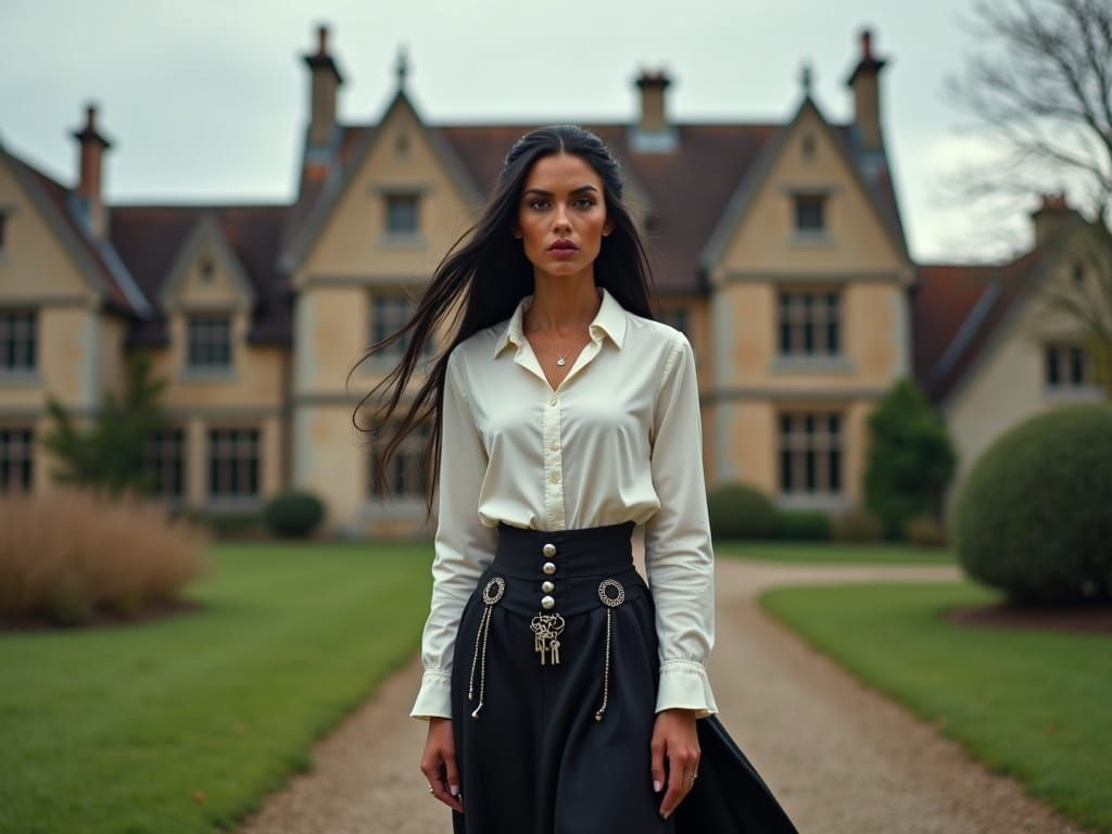 Elegant Woman in Tudor Countryside, Silver Brooch