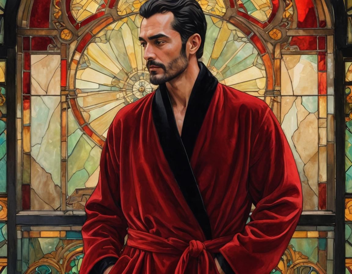 Cheerful Man in Red Robe, Art Nouveau Style