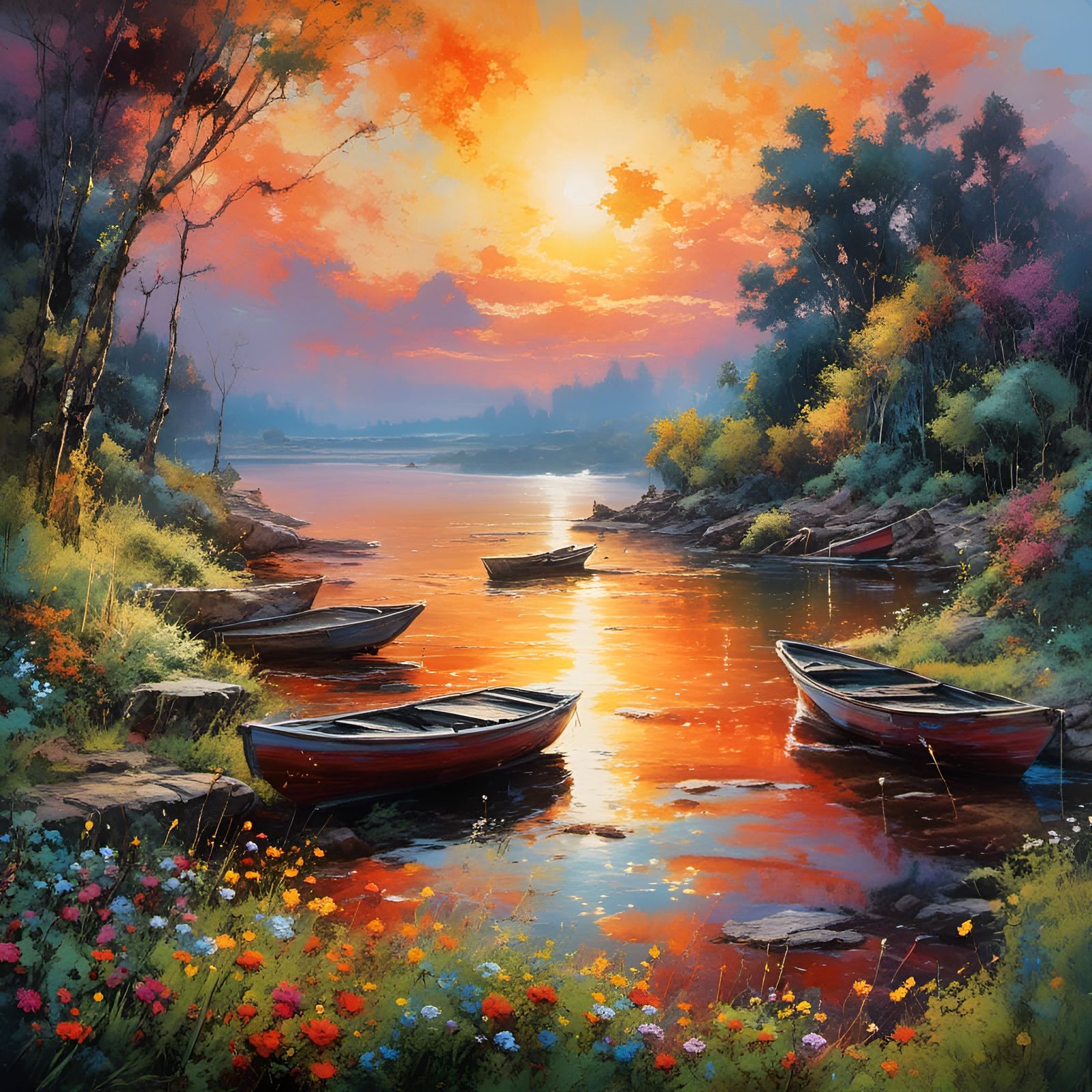 Sunset Dock Landscape in Splashy Watercolor Style