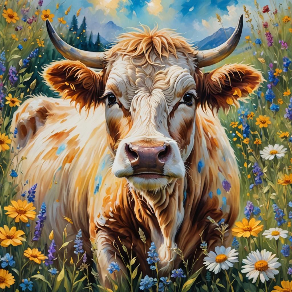 Fluffy Cow in Dreamy Meadow: Art Nouveau Oil Painting