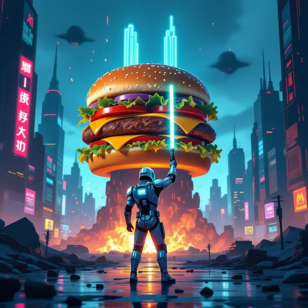 Futuristic Burger Monument Rises in Post-Apocalyptic City