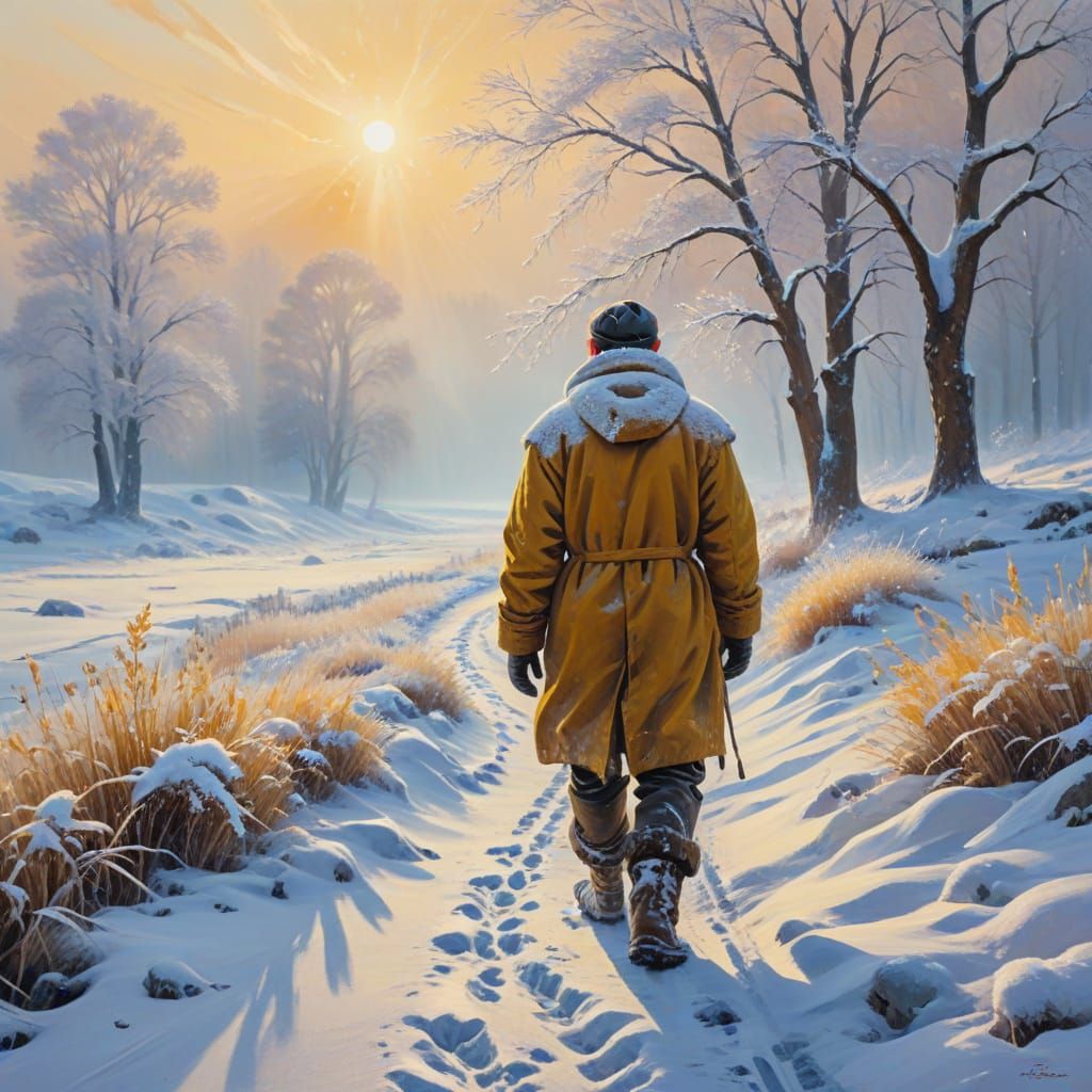 Impressionist Winter Walker in Golden Light