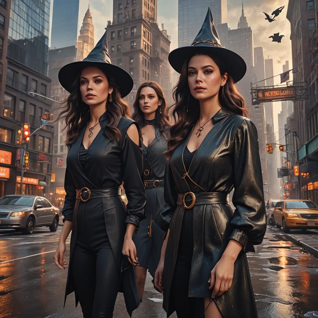 Modern Witch Sisters in New York, Detailed Matte Painting