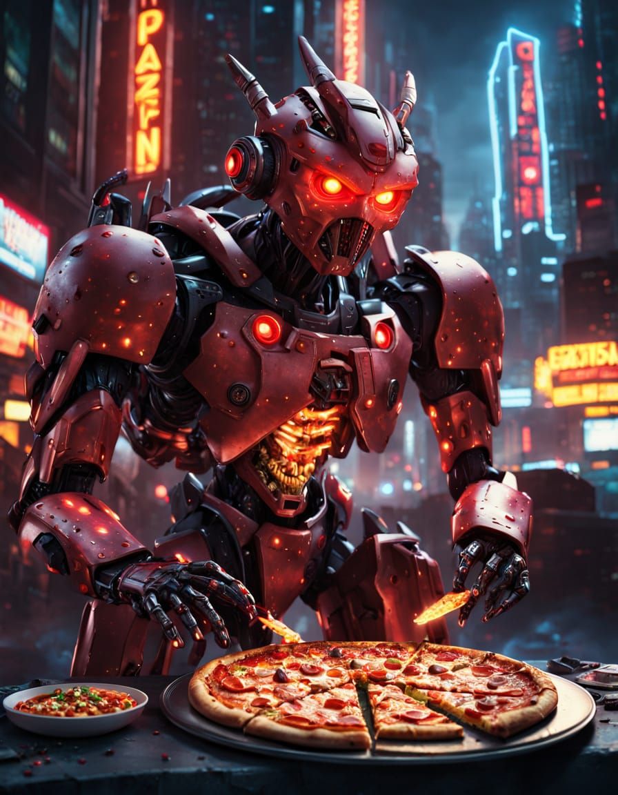 Pizza Monster Robot in Dark Cyberpunk City