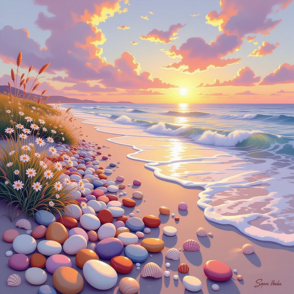 Serene Beach Sunset with Colorful Pebbles and Flowers