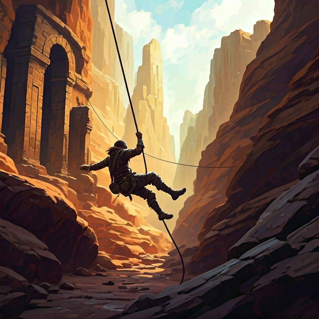 Adventurer on Rope Bridge: Gouache and Impasto Painting