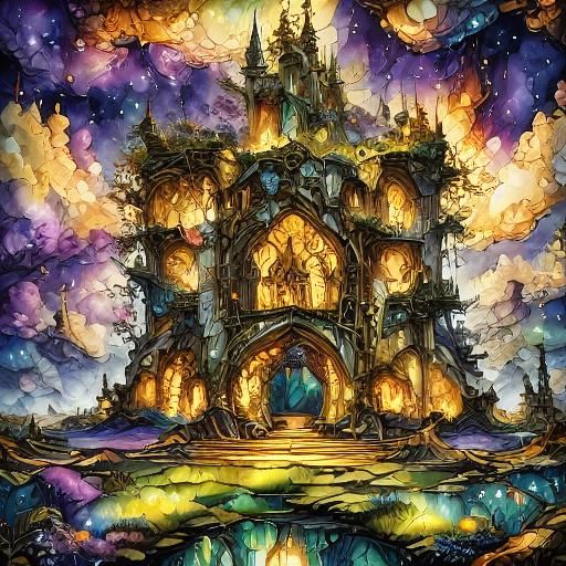 Majestic Castle Ruin in Misty Forest: Fantasy Art