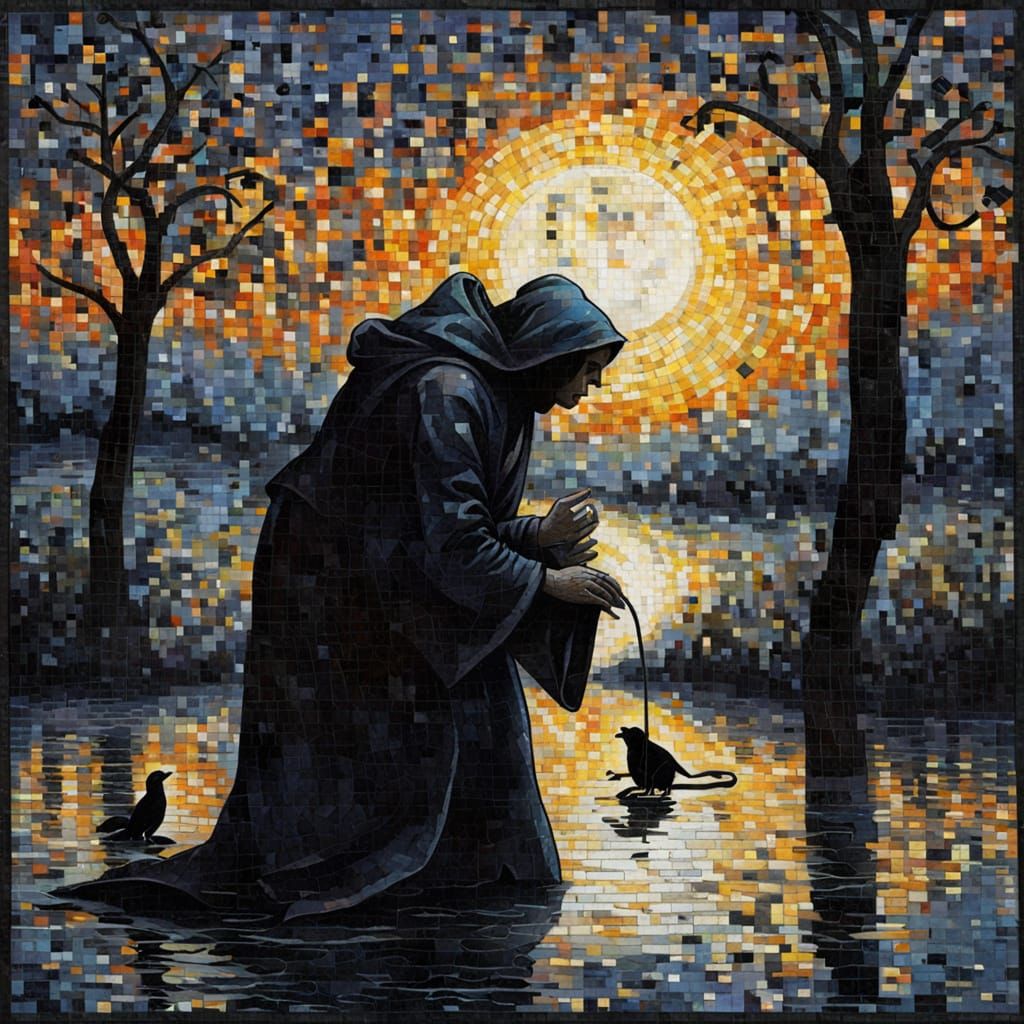 Mouse and Monk Meeting Under Moonlit Mosaic Sky