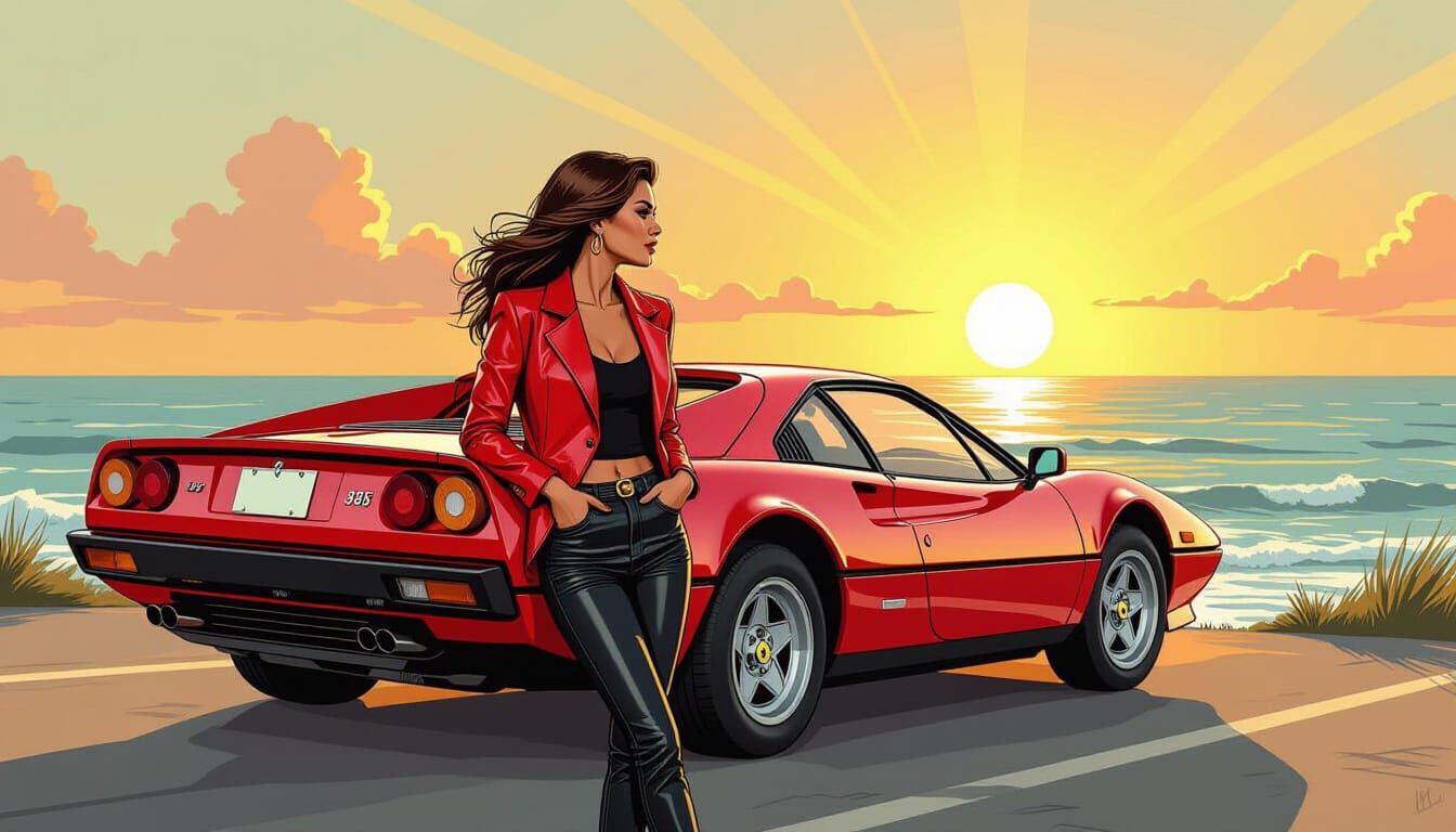 Brunette Woman Watches Sunrise by Vintage Ferrari