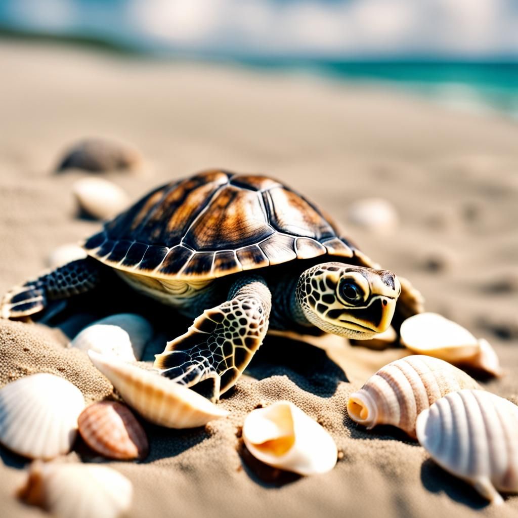 Cute Baby Turtle on a Shell-Strewn Beach