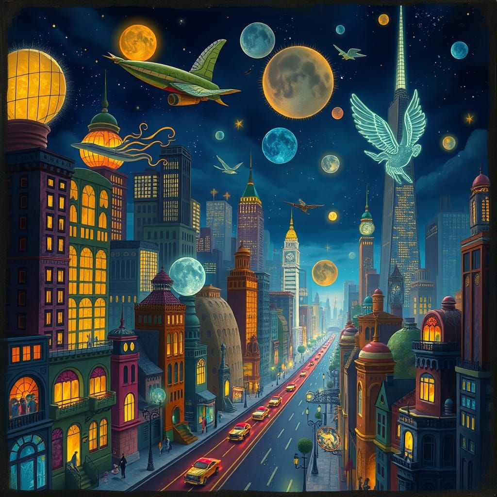 Surreal Cityscape at Night with Flying Cars in Art Nouveau