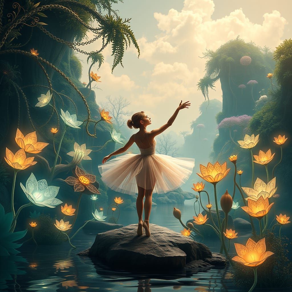 Dreamy Jungle Oasis with Ballerina and Glowing Blooms