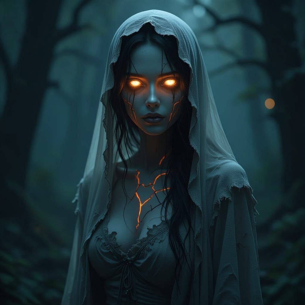 Ethereal Female Ghost in Ancient Forest Matte Painting