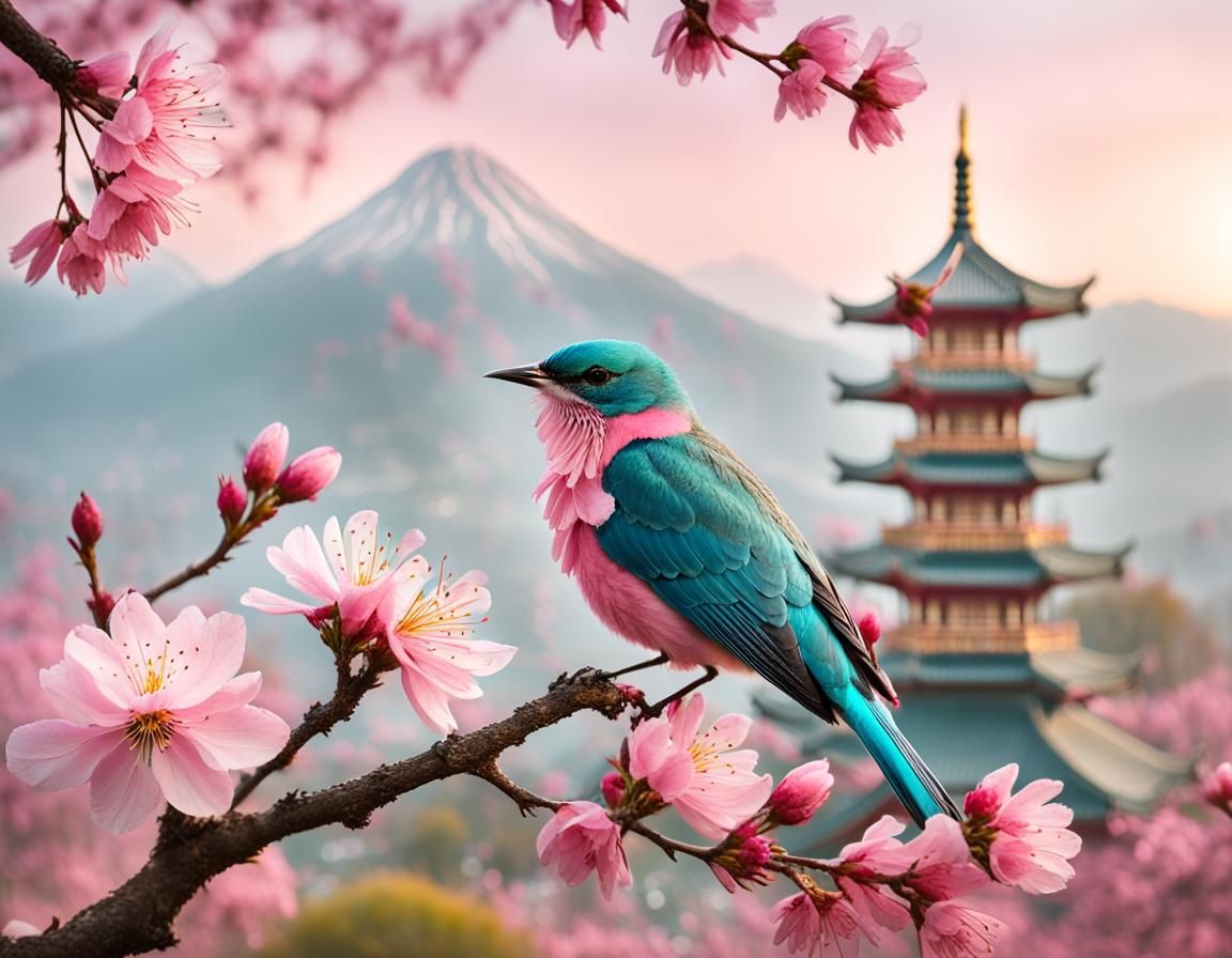 Macro Photograph of Cherry Blossoms and Bird