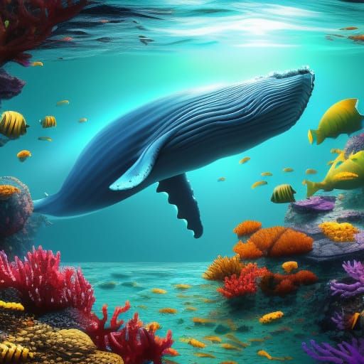 Whale Swimming in Clear Water with Coral Reef