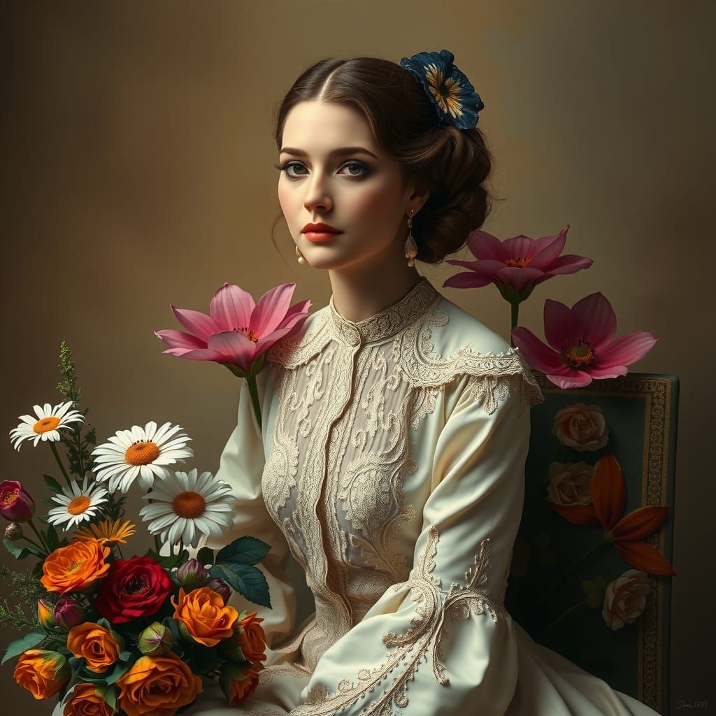 Edwardian Woman with Flowers in Baroque Modernist Style
