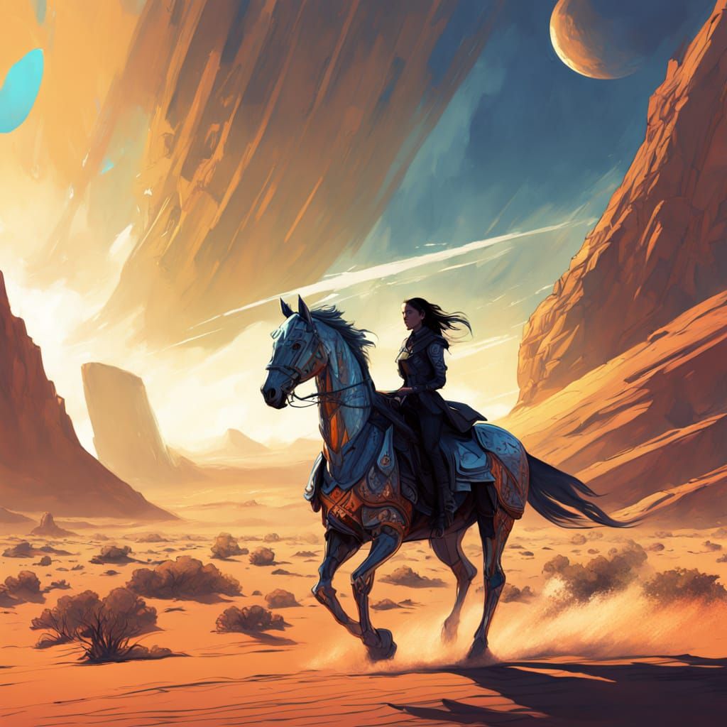 Futuristic Woman Rides Chrome Horse in Alien Desert
