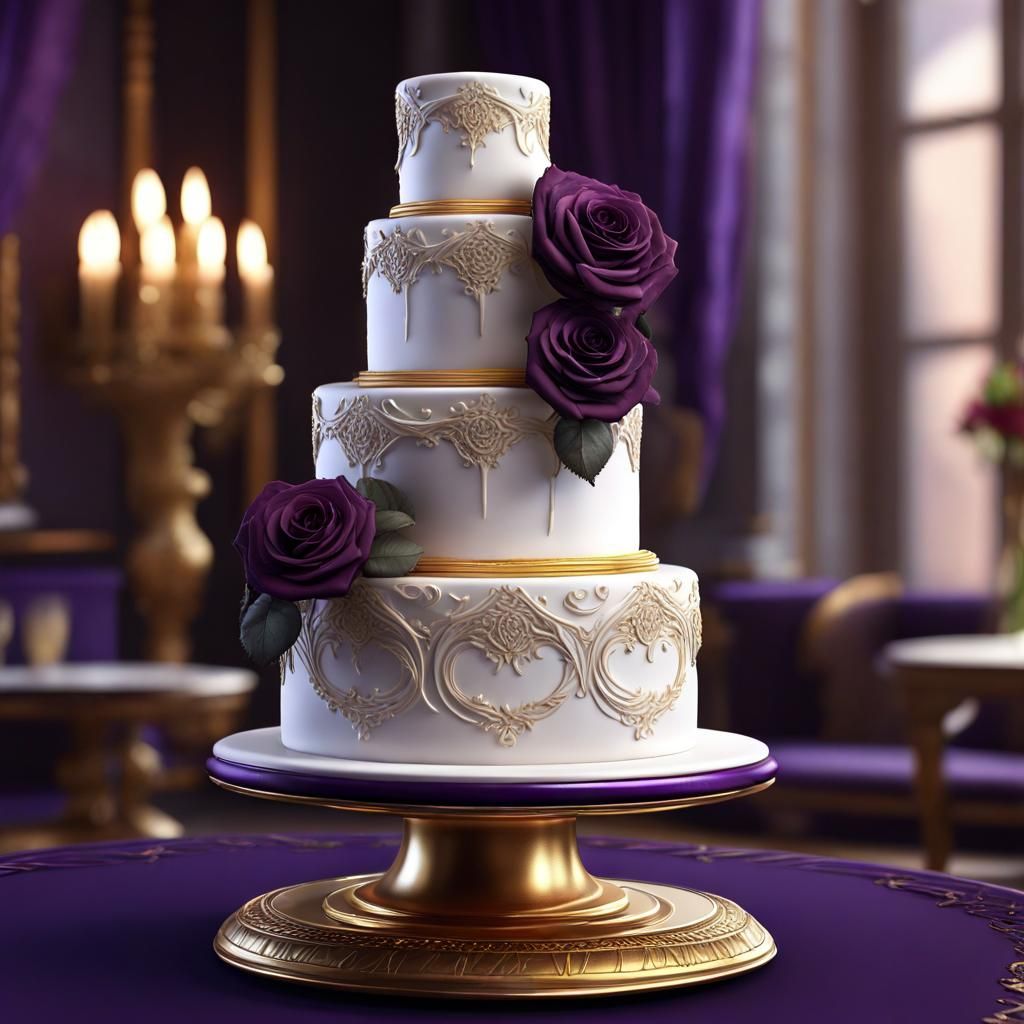 Elegant Wedding Cake with Purple Roses, 8K Art