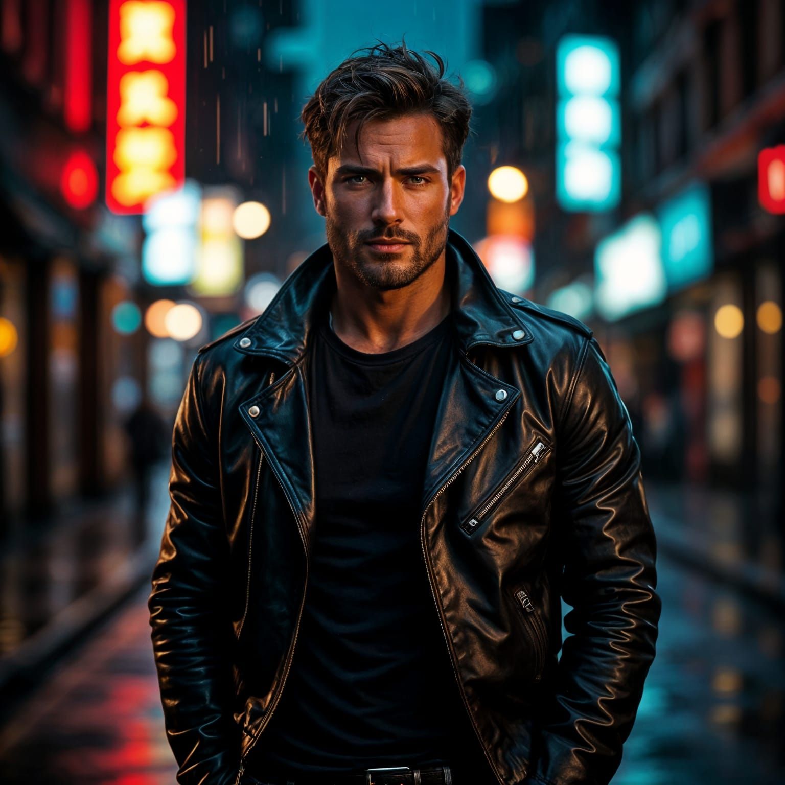 Athletic Man in Leather Jacket Under Neon Lights