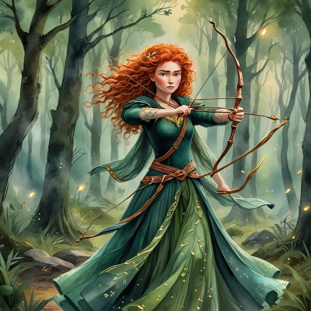 Enchanted Merida in Misty Forest, Watercolor Style