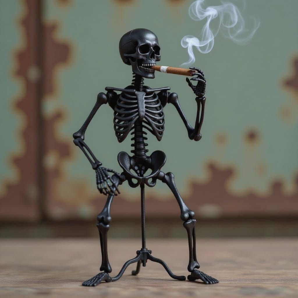 Black Skeleton Smoking Cigar on Rusty Tripod