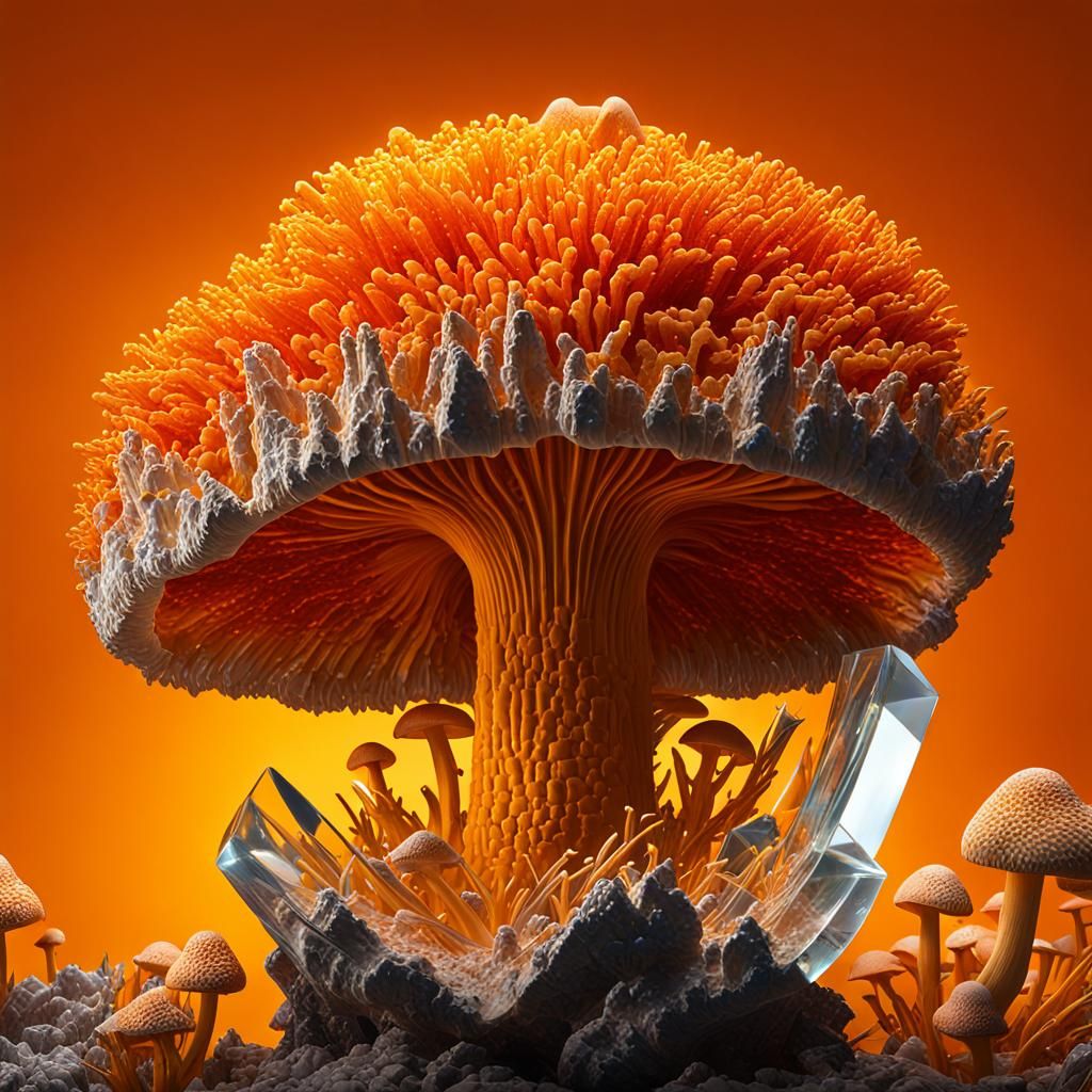 Giant Yellow Mushroom in Crocoite Crystal Geode