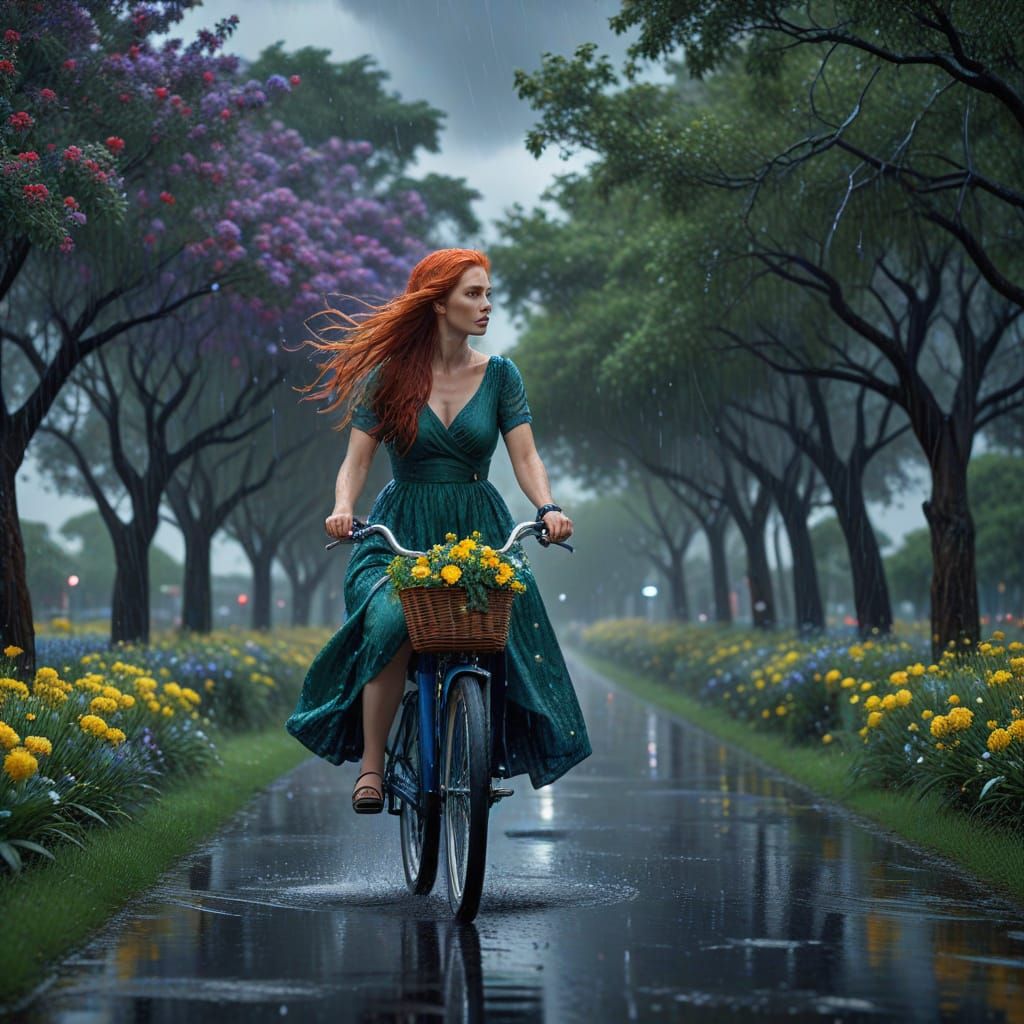 Hyperrealistic Lady Riding Red Bicycle Down Jacaranda Avenue