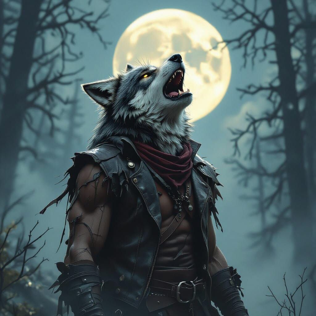 Werewolf Howling at Moon in Gloomy Forest