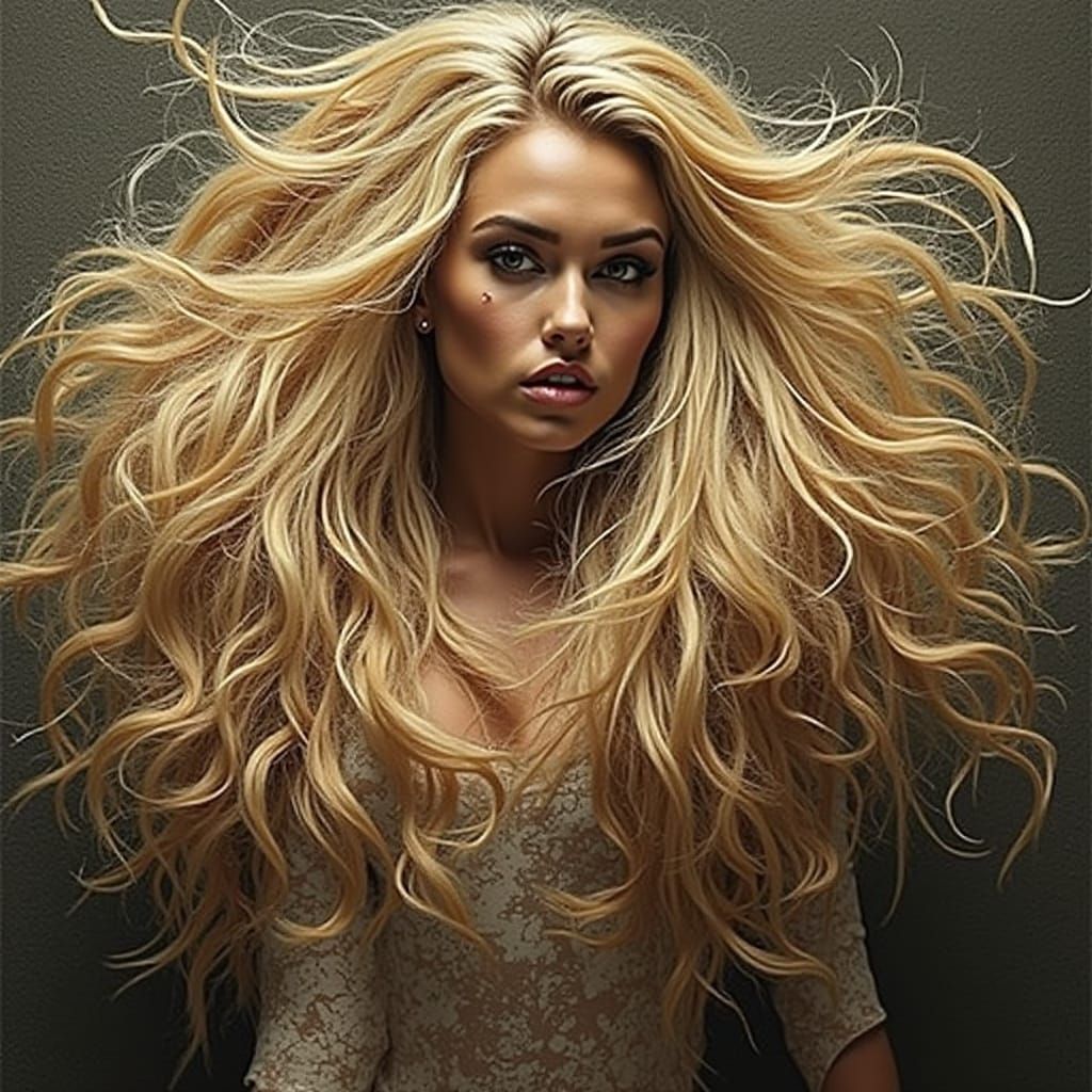 Rugged Glamour Woman with Windswept Hair and Dramatic Lighti...